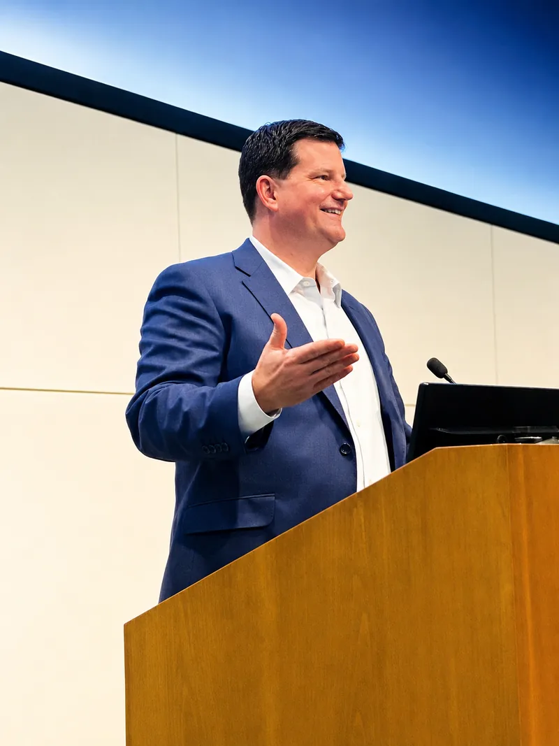 Patrick O&rsquo;Rourke speaking at a dental industry event.